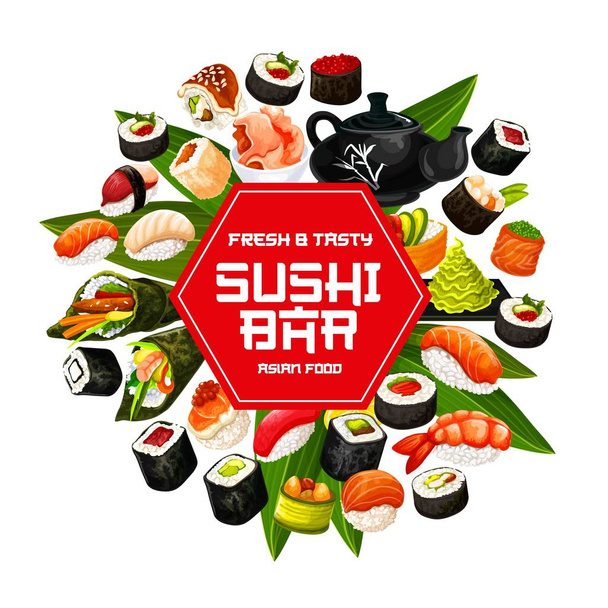 Japanse sushi rollen, zeevruchten nigiri en temaki - Vector, afbeelding