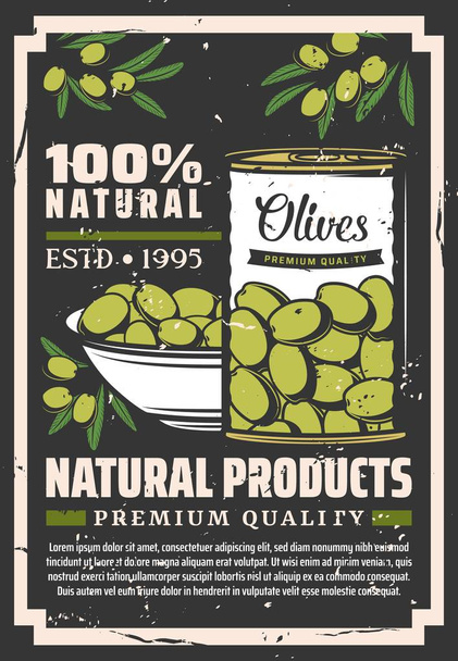 Frutas de oliva verdes en conserva en lata y tazón
 - Vector, imagen