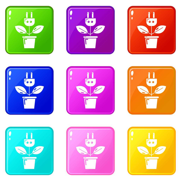 Plant in pot and electric plug icons set 9 color collection - Vecteur, image