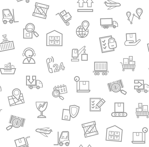 Cargo delivery, seamless pattern, white, monochrome, contour lines, icons, vector. Cargo transportation and delivery of goods. Gray line icons on white background. Vector flat seamless pattern.  - Вектор,изображение