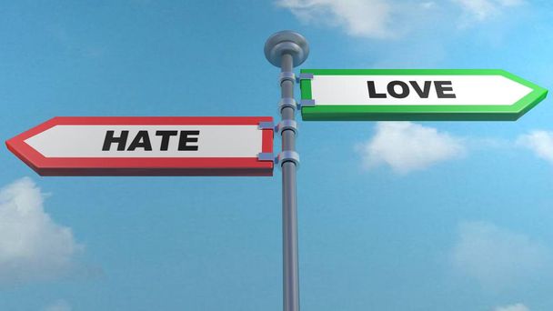 Two street arrow signs pointing to opposite directions, with the writes Hate and Love - 3D rendering illustration - Photo, Image