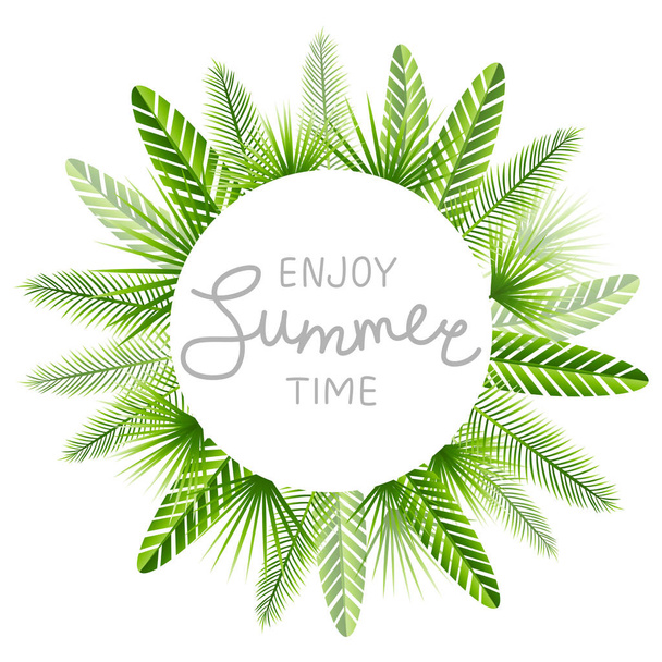 Green tropical leaves round frame with summer message - Vektor, obrázek