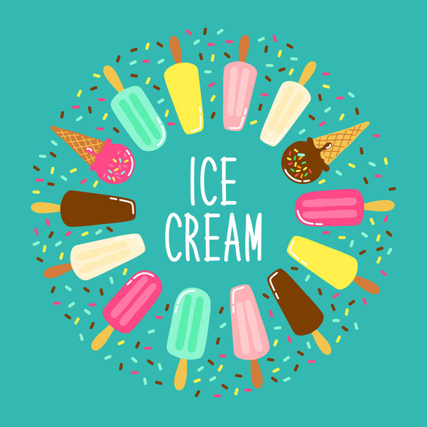 Cute Ice Cream collection frame background in vivid tasty colors ideal for banners, package etc - Vector, Image