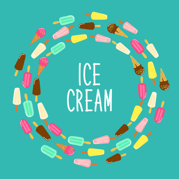 Cute Ice Cream collection frame background in vivid tasty colors ideal for banners, package etc - Vector, imagen