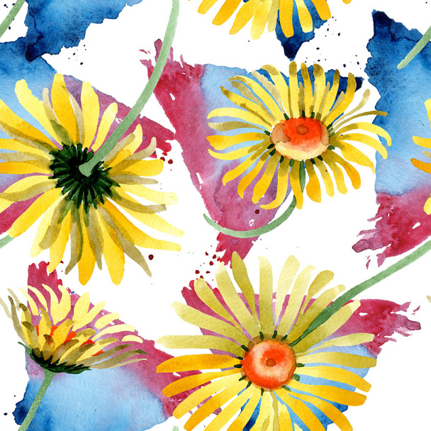 Gele bloemen botanische madeliefjebloemen. Aquarel achtergrond afbeelding instellen. Naadloze achtergrondpatroon. - Foto, afbeelding