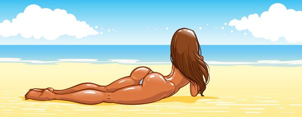 Σέξι κορίτσι σε ένα μπικίνι με ένα στρογγυλό κώλο και μακριά πόδια είναι ξαπλωμένος στην παραλία και βλέπουν στη θάλασσα. Καλοκαιρινές διακοπές, μια γυναίκα που sunbathes στην άμμο, στις ακτές της θάλασσας. Ευρεία οριζόντια μορφή, διάνυσμα - Διάνυσμα, εικόνα