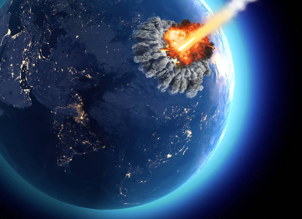 地球に衝突する隕石。爆発、大洪水世界の終わり。世界的な絶滅。核爆弾。3 d のレンダリング。Nasa によって供給されるこの画像の要素 - 写真・画像