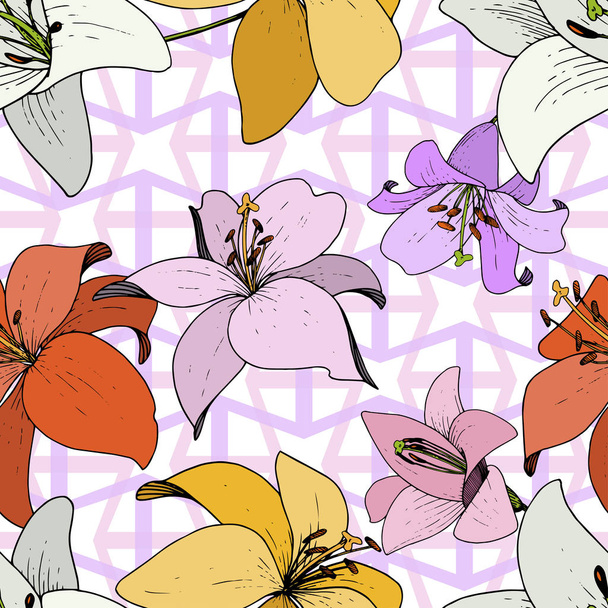 Vektorlilie blumige botanische Blume. Schwarz-weiß gestochene Tuschekunst. nahtloses Hintergrundmuster. - Vektor, Bild