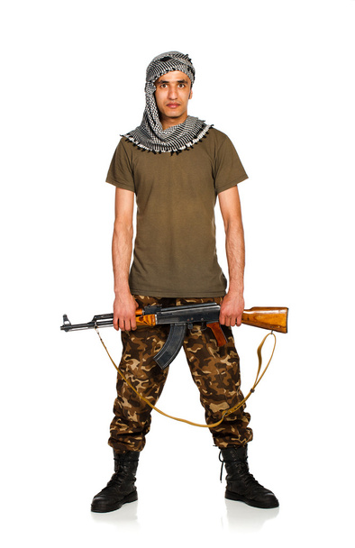 Terrorist with automatic gun on white background - Foto, imagen