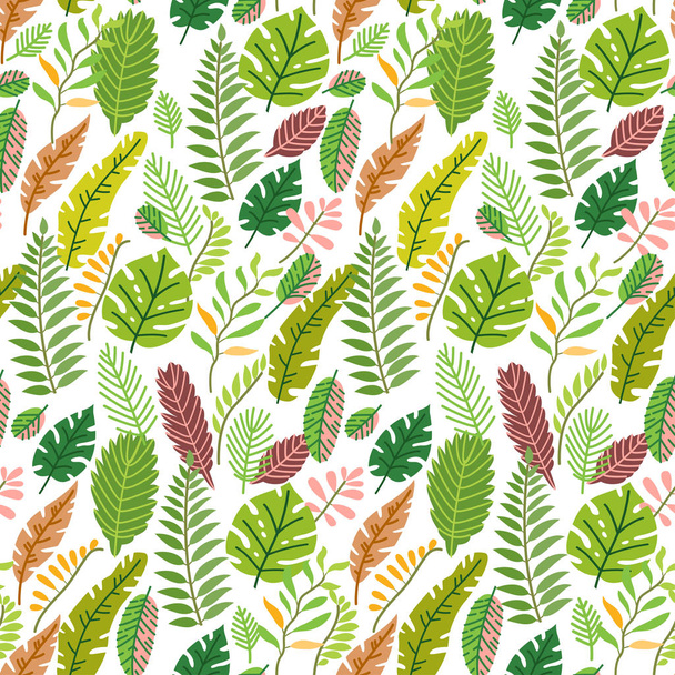 Tropical leaves vector pattern. Summer equatorial rainforest with foliage - Vettoriali, immagini