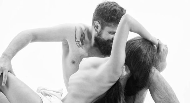 Couple full of desire. Couple naked lovers make love have sex. Man bearded lover sexual foreplay. Foreplay tips. Lover sexy naked female body foreplay in bed. Sex love concept. Hot foreplay ideas - 写真・画像