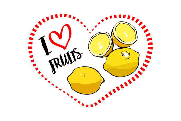 Pontozott vonal piros szív alakú én szerelem gyümölcs kézzel rajzolt szöveg. Sárga karikatúra citrom belsejében elszigetelt fehér háttér a szív. Két egész citrom és egy citrom félbevágják. Három húzott citrom. - Vektor, kép