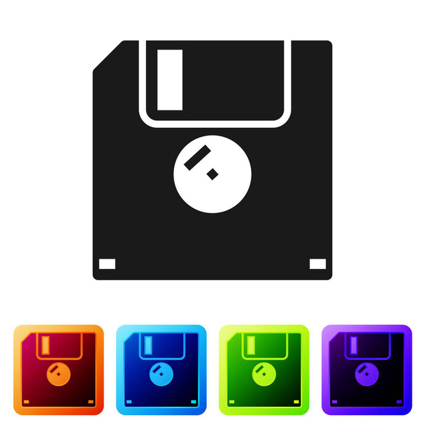 白い背景に分離されたコンピュータデータストレージアイコンのための黒のフロッピーディスク。ディスケット・サイン。色の正方形のボタンでアイコンを設定します。ベクターイラスト - ベクター画像