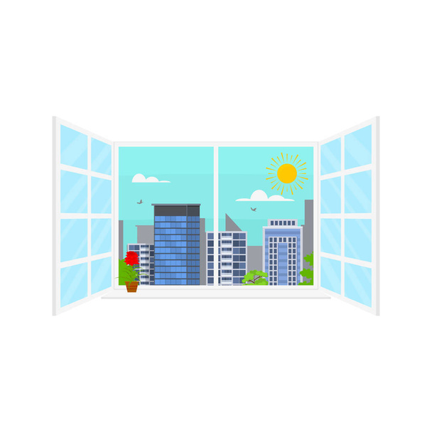 Daytime Urban Landscape in Window Scene Concept. Vector - Вектор,изображение