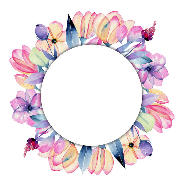 Aquarelle fleur de pomme pastel fleurs cadre rond, peint à la main sur un fond blanc
 - Photo, image