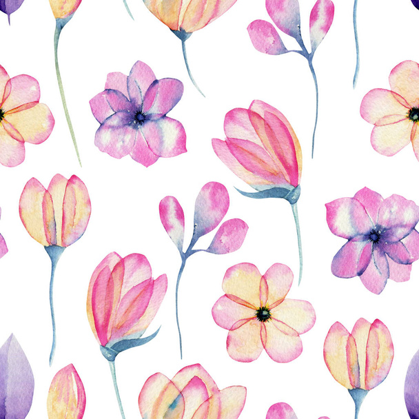 Watercolor pastel pink apple blossom flowers seamless pattern, hand painted on a white background - Photo, Image