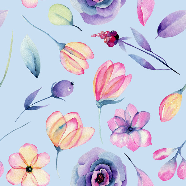 Watercolor pastel apple blossom flowers and plants seamless pattern, hand painted on a blue background - Photo, Image