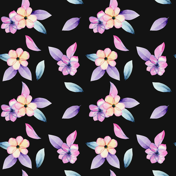 Aquarel, pastel apple blossom bloemen en tedere paarse bladeren naadloze patroon, hand geschilderd op een donkere achtergrond - Foto, afbeelding
