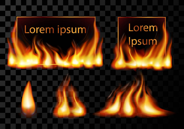 Realistische vierkante licht vuur vlam frame met vuurwerk fonkelt, Vector sjabloon illustratie op zwarte achtergrond. - Vector, afbeelding