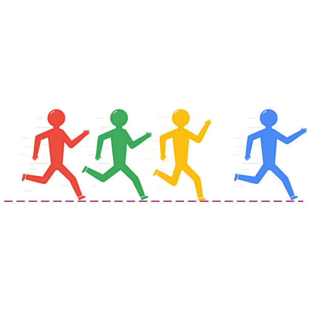 Laufen zum Ziel, Marathon, Sieg über die Rivalen, Menschen in verschiedenen Farben laufen, Vektor-Illustration im flachen Stil - Vektor, Bild
