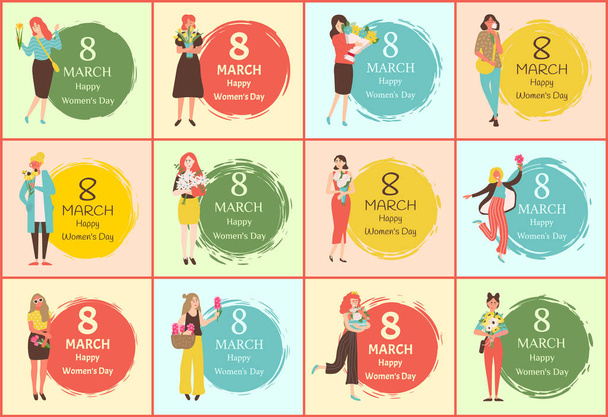 Международный женский день, вектор девушек и цветов
 - Вектор,изображение