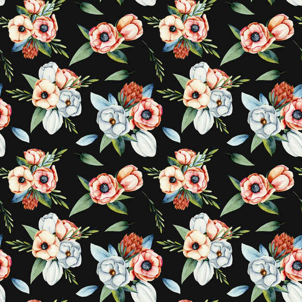 Watercolor bouquets of white and coral anemone flowers seamless pattern, hand painted on a dark background - Photo, Image