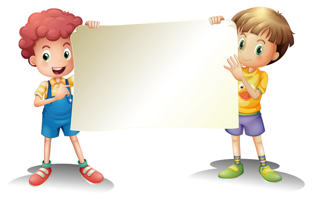 Два мальчика держат пустые вывески
 - Вектор,изображение