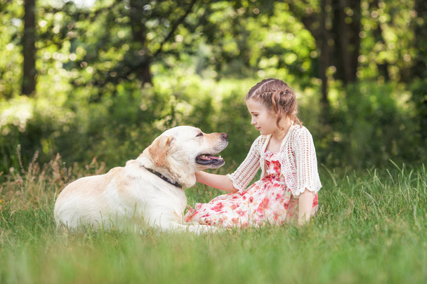 Ładny uśmiechający się mała dziewczynka, przytulanie i prasowania labrador w su - Zdjęcie, obraz