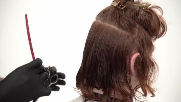Barbeiro segurando um pente e tesoura perfumando um corte de cabelo para um cliente de gengibre
 - Filmagem, Vídeo