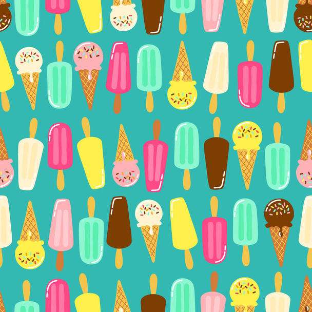 Cute Ice Cream collection seamless pattern in vivid tasty colors ideal for wrapping paper, package etc - Διάνυσμα, εικόνα