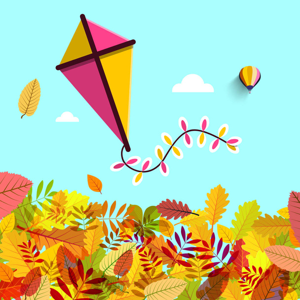 秋の青空に凧を葉します。秋のベクトルの背景. - ベクター画像
