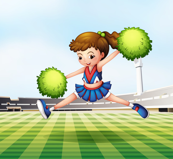 Una animadora con pompones verdes en el campo de fútbol
 - Vector, Imagen
