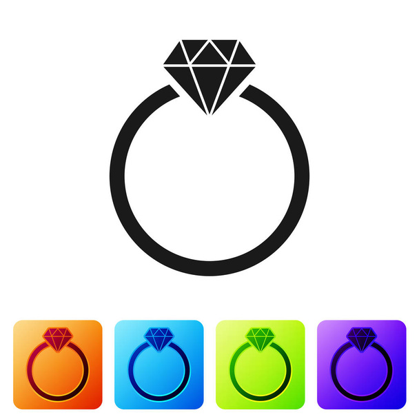 Ikona zásnubní prstýnek černého diamantu izolovaná na bílém pozadí. Nastavte ikonu v barevných hranových tlačítkách. Vektorová ilustrace - Vektor, obrázek