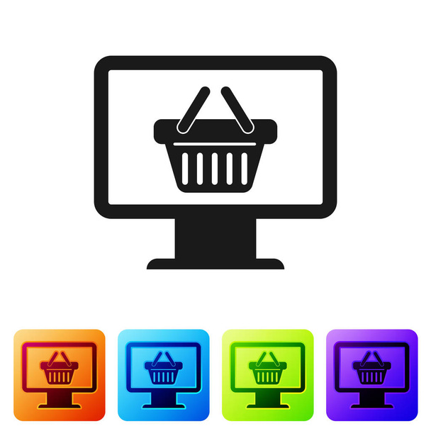 Černý počítač monitor s ikonou nákupního koše, izolovaný na bílém pozadí. Nákupní košík online. Symbol koše v supermarketu. Nastavte ikonu v barevných hranových tlačítkách. Vektorová ilustrace - Vektor, obrázek
