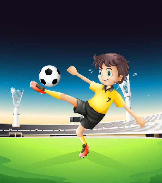 Poika keltaisessa univormussa pelaamassa jalkapalloa jalkapallokentällä.
 - Vektori, kuva