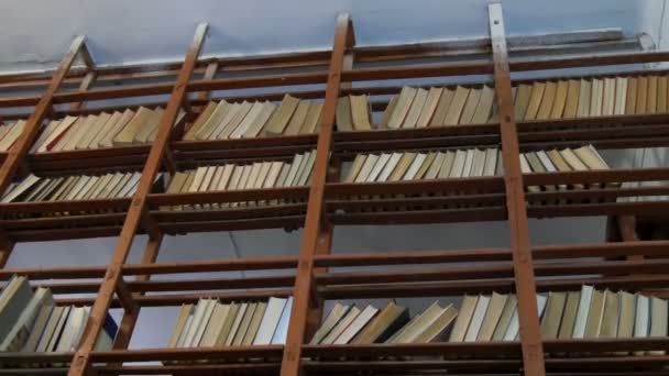 Muitos livros antigos nas prateleiras da biblioteca
 - Filmagem, Vídeo