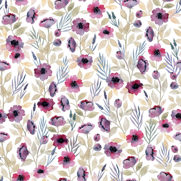 watercolor hand painted wild flowers seamless pattern on a white background - Photo, Image
