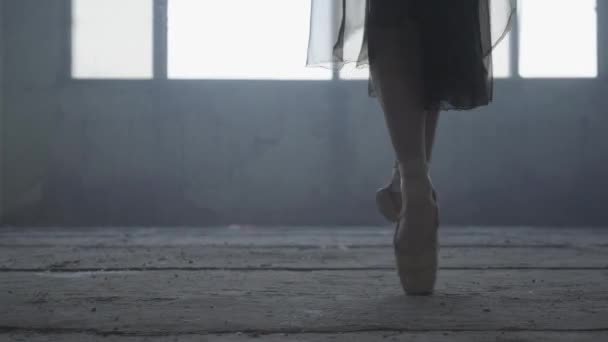 Beautiful slim graceful legs of ballet dancer. Beautiful foot of young ballerina in pointe shoes. Ballet practice. - Video, Çekim
