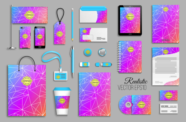 Corporate identity template set with neon color abstract geometric shapes on background. Business stationery mock-up with logotype. Creative trendy branding design - Vetor, Imagem