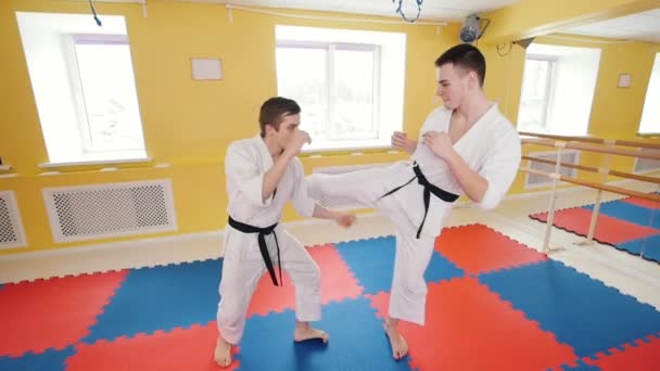 Zwei Männer trainieren ihre Aikido-Fertigkeiten im Studio. Training ihres Kampfes. Schutz vor einem Beinschlag - Filmmaterial, Video