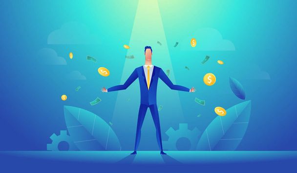 Vector illustration of happy businessman celebrates success standing under money rain banknotes cash falling on blue background. Concept of success. - Vector, Image