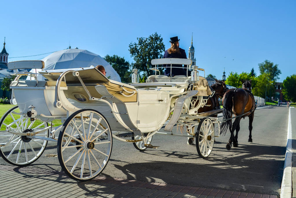 Kolomna, Russia - August 11, 2018. Elegant white carriage with coachmen in black hat and brown horses carrying tourists - Foto, Imagen