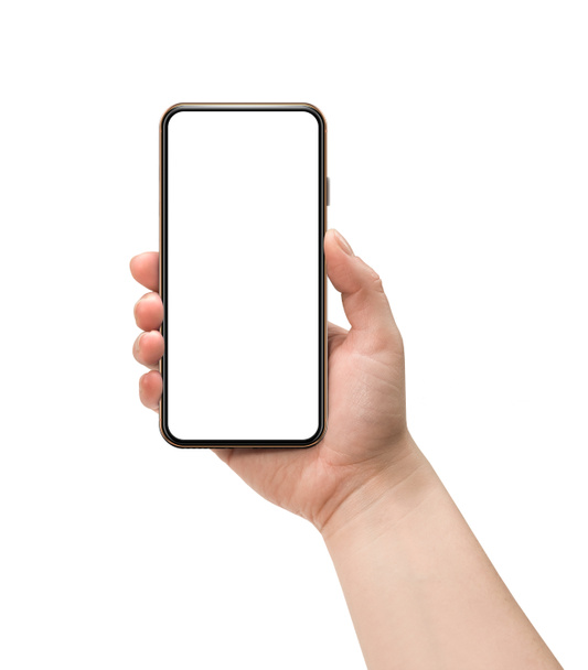 Woman holding smartphone isolated on white background. - Photo, Image