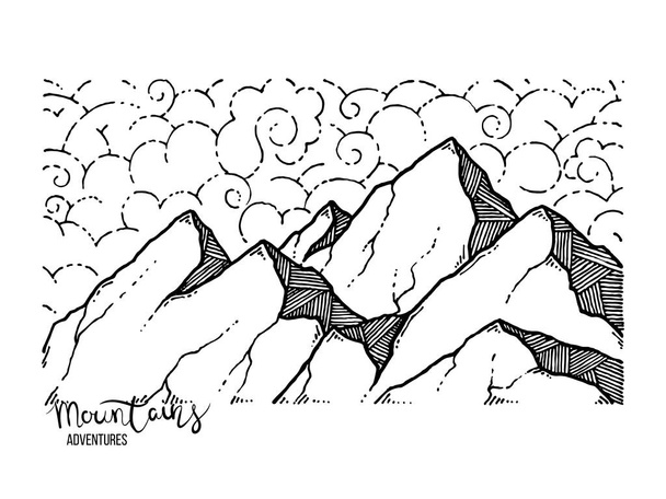Ручной рисунок горной вершины, стиль гравировки, гранж-текстура
 - Вектор,изображение