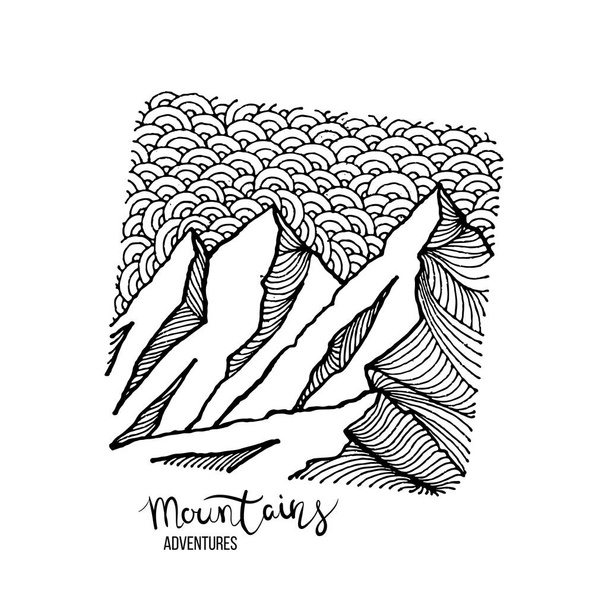 Imagen dibujada a mano de un pico de montaña, estilo grabado, textura grunge
 - Vector, Imagen