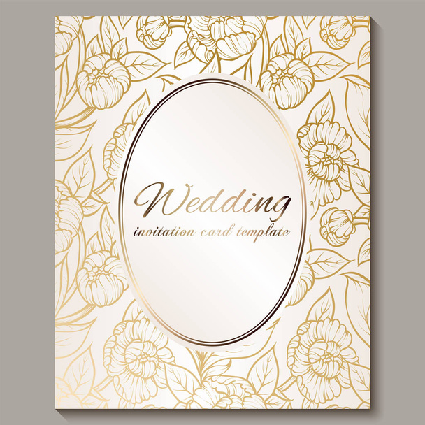 Exquisite royal luxury wedding invitation, gold on white background with frame and place for text, lacy foliage made of roses or peonies with golden shiny gradient. - Vetor, Imagem