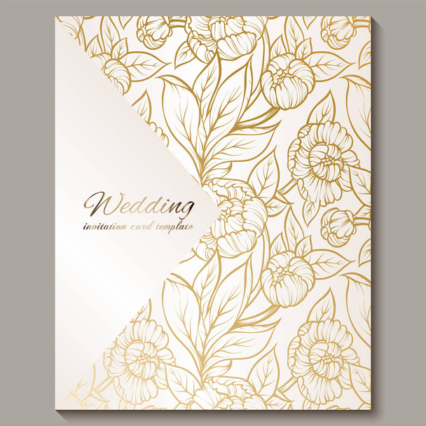 Gyönyörű királyi luxus esküvői meghívó, arany fehér háttérrel keret és hely a szöveg, csipkés lombozat készült Rózsa vagy pünkösdi rózsa arany fényes gradiens. - Vektor, kép