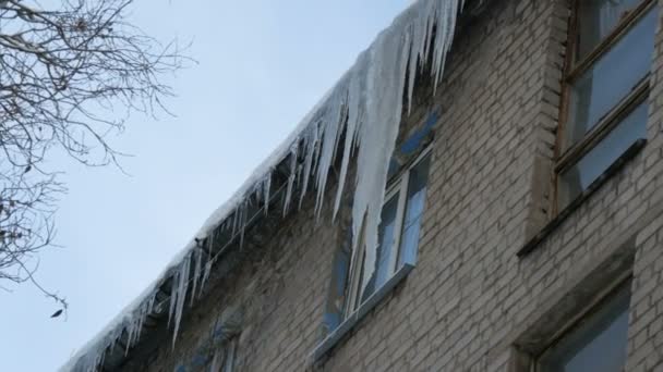 Old abandoned house and its balcony with a huge amount of melting icicles in winter. - Filmmaterial, Video