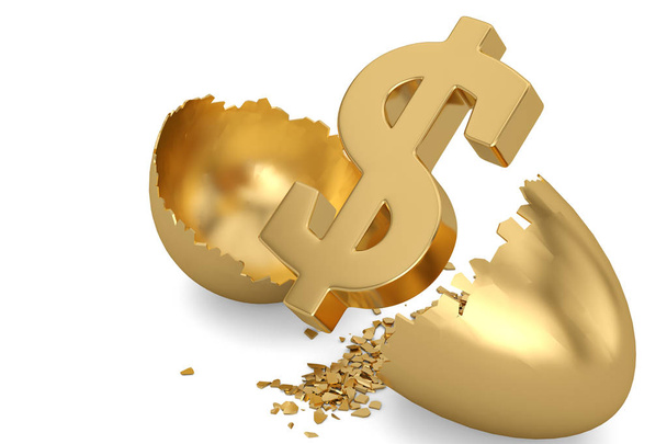 Dollar sign and break gold egg. 3D illustration. - 写真・画像