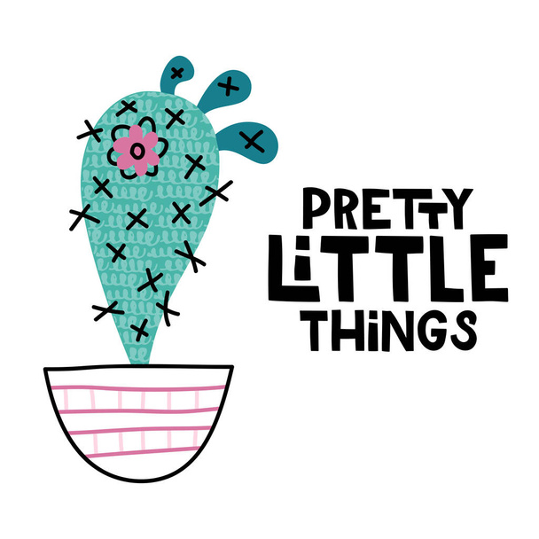 Pretty kleine dingen. Belettering met schattige cactussen illustratie - Vector, afbeelding